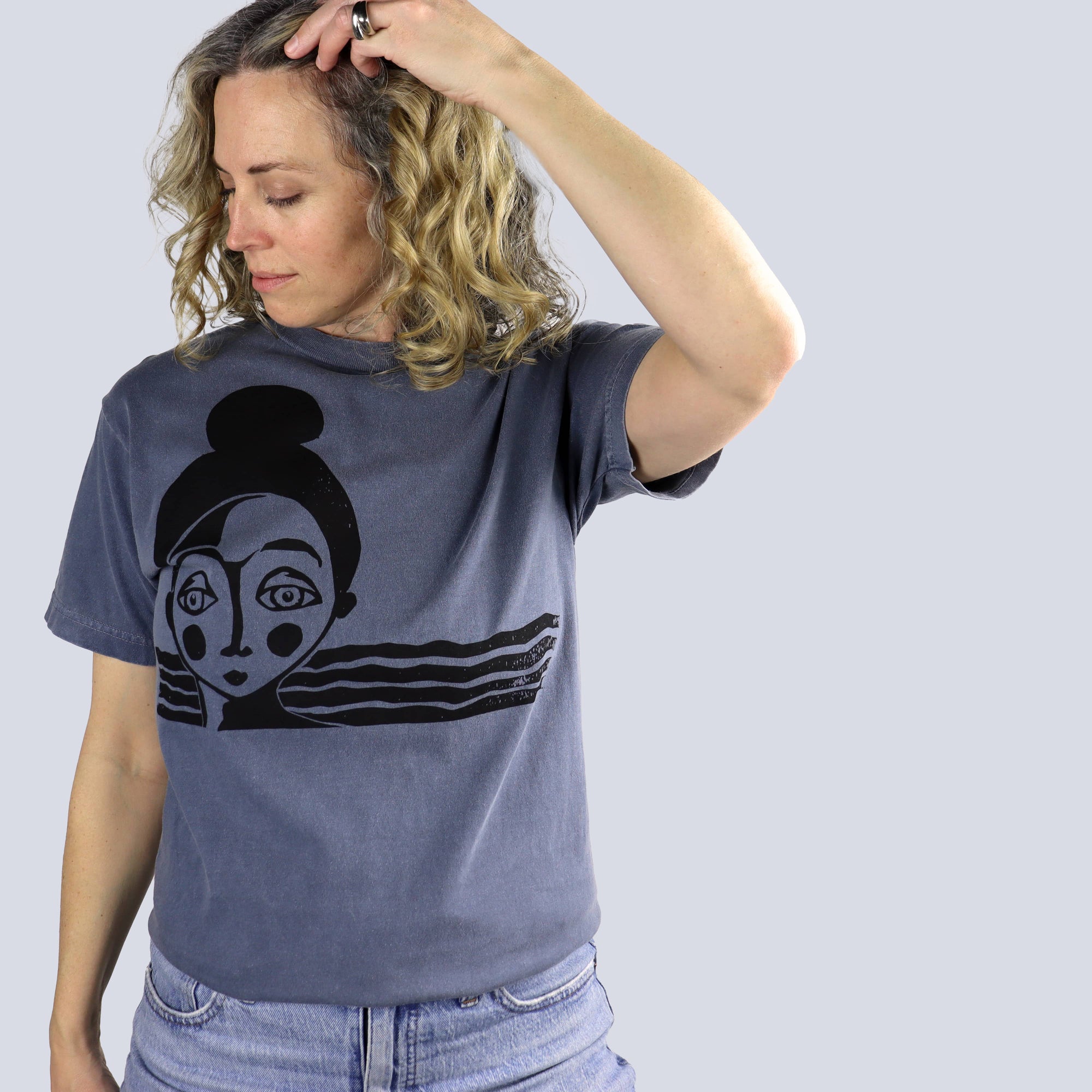 Topknot Pigment Dye Unisex Tee in Washed Navy