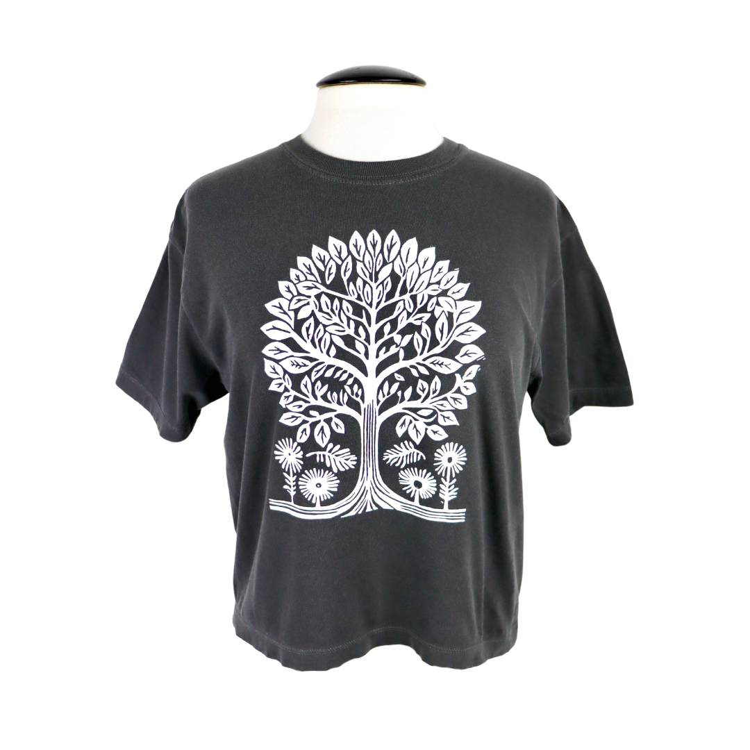 Tree Vol. 2 Feminine Cut Cropped Tee in Washed Charcoal
