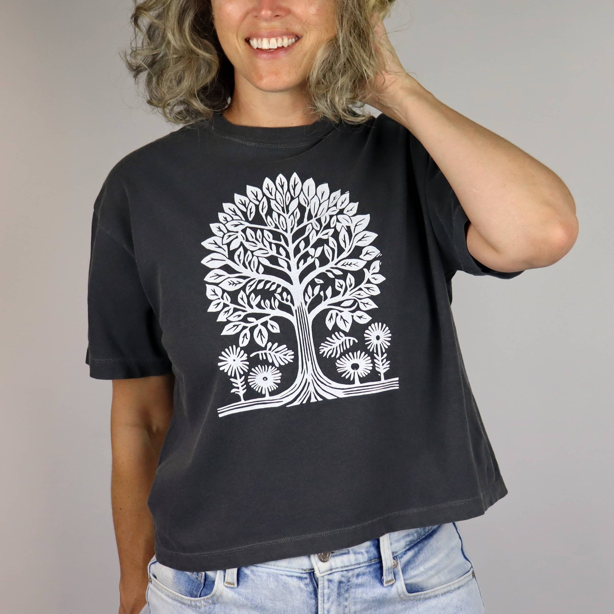 Tree Vol. 2 Feminine Cut Cropped Tee in Washed Charcoal
