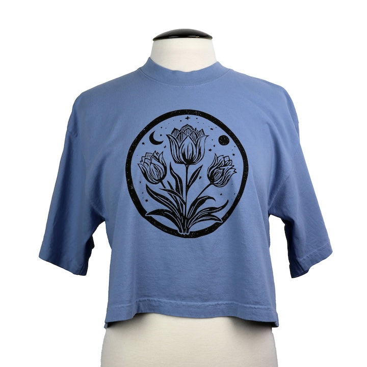 Tulip Moon Feminine Fit ONE SIZE Wide Crop Tee in Washed Blue