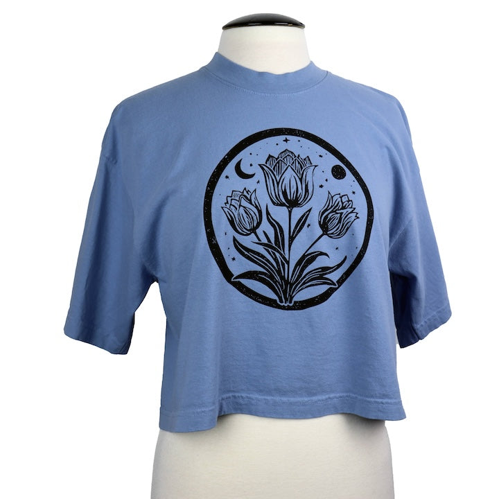 Tulip Moon Feminine Fit ONE SIZE Wide Crop Tee in Washed Blue