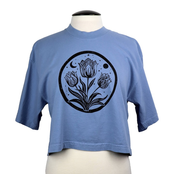 Tulip Moon Feminine Fit ONE SIZE Wide Crop Tee in Washed Blue