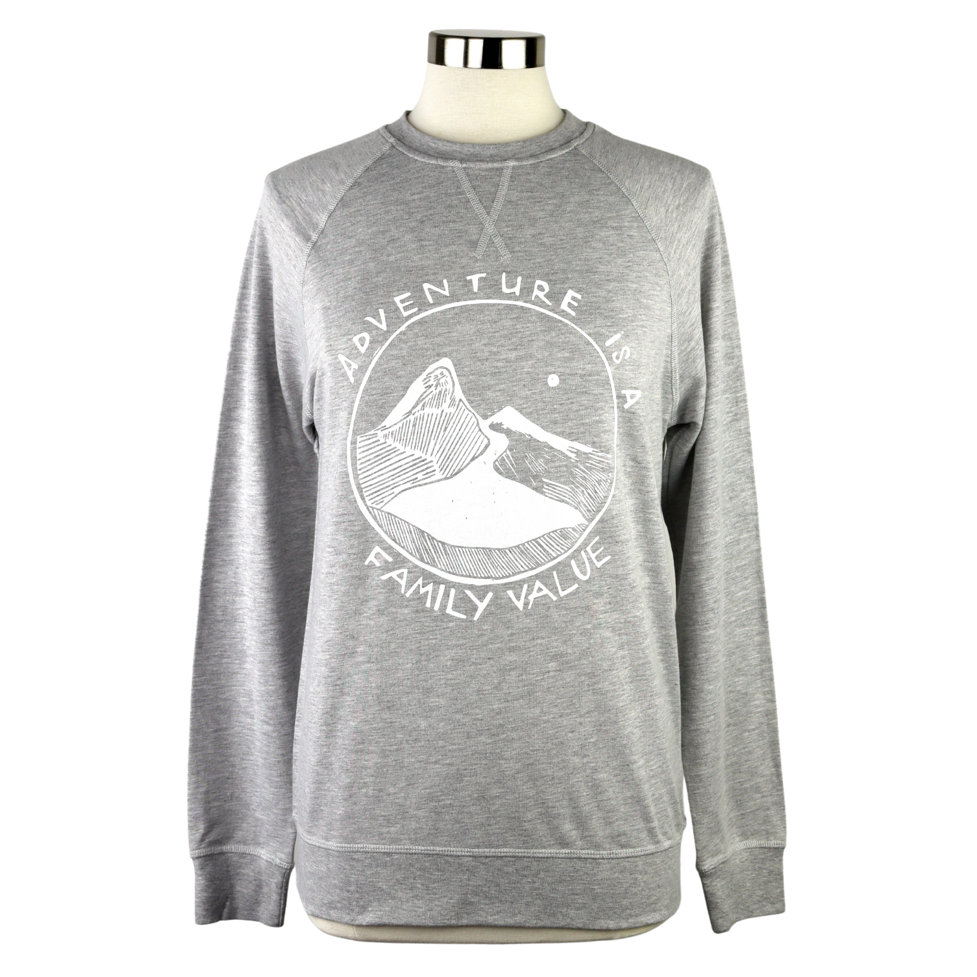 Adventure is a Family Value Unisex French Terry Crewneck in Heather Grey