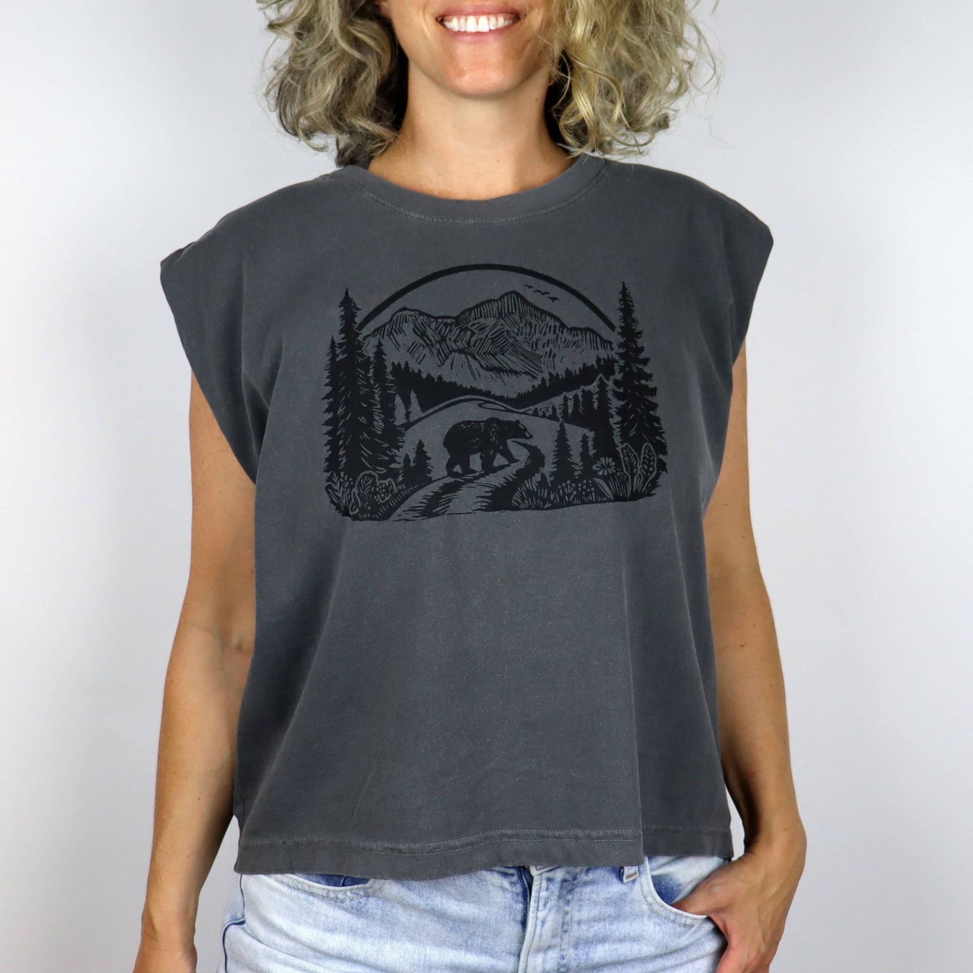 Wilderness Bear Feminine Fit Cropped Muscle Tank in Washed Grey
