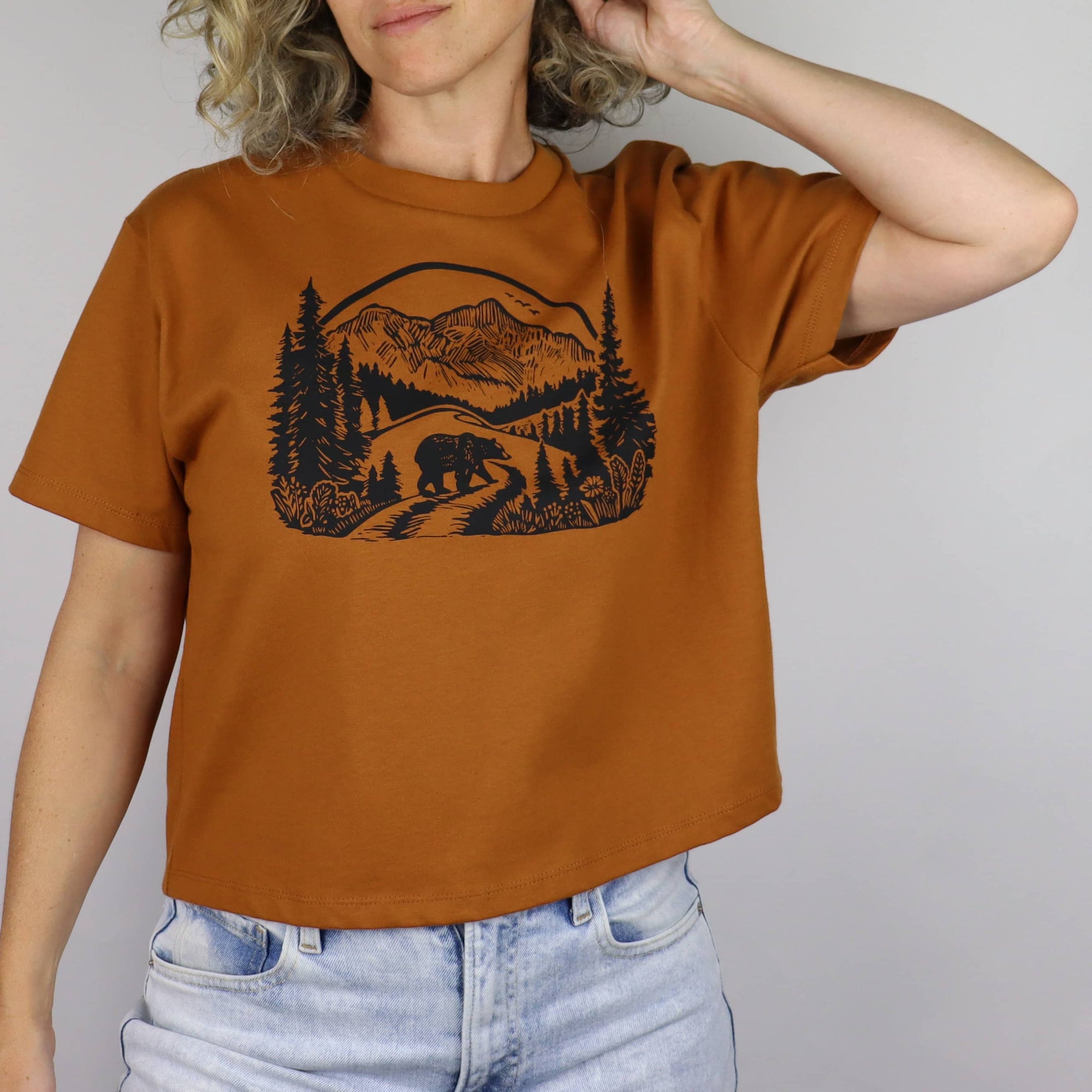 Wilderness Bear Feminine Fit Cotton Boxy Tee in Copper