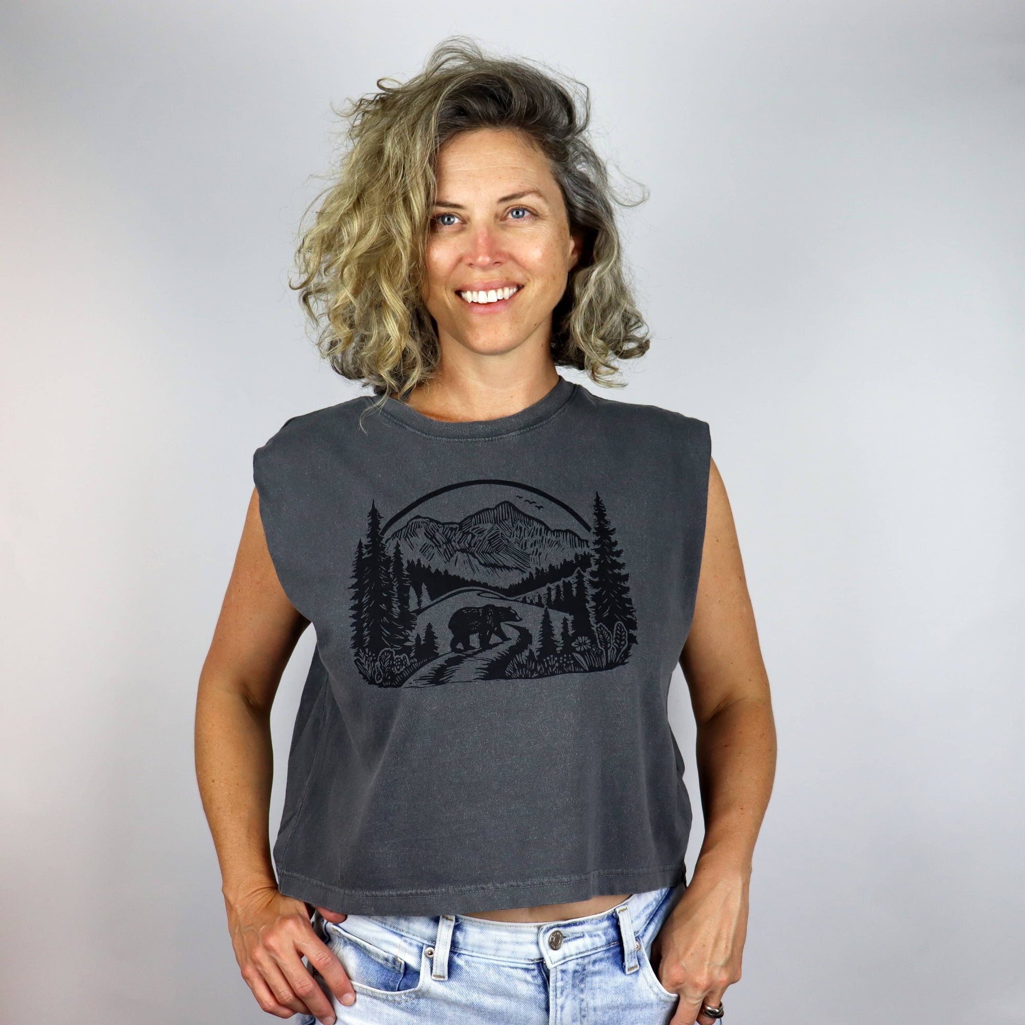 Wilderness Bear Feminine Fit Cropped Muscle Tank in Washed Grey