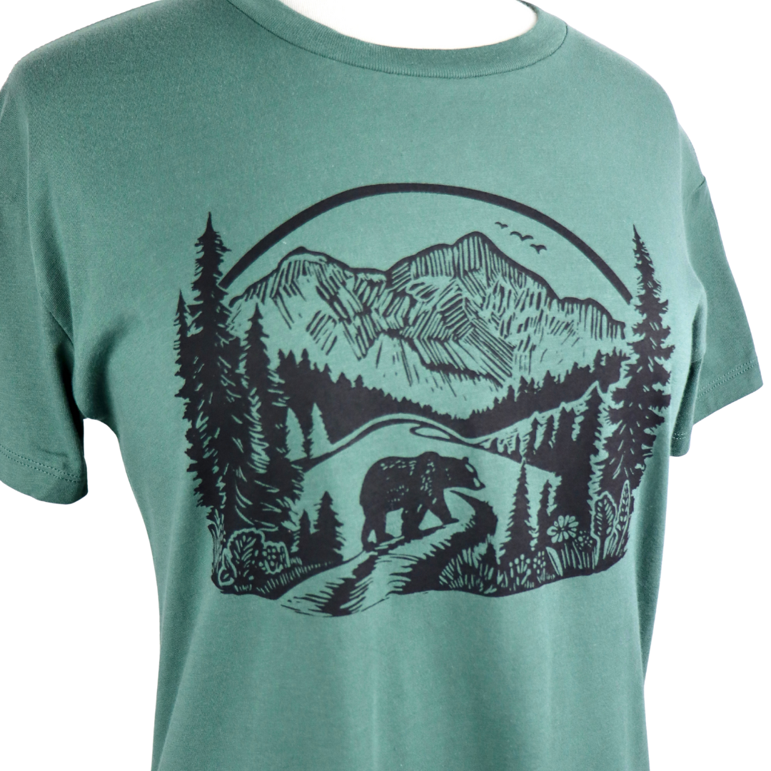 Wilderness Bear Feminine Relaxed Fit Cotton Tee in Pine