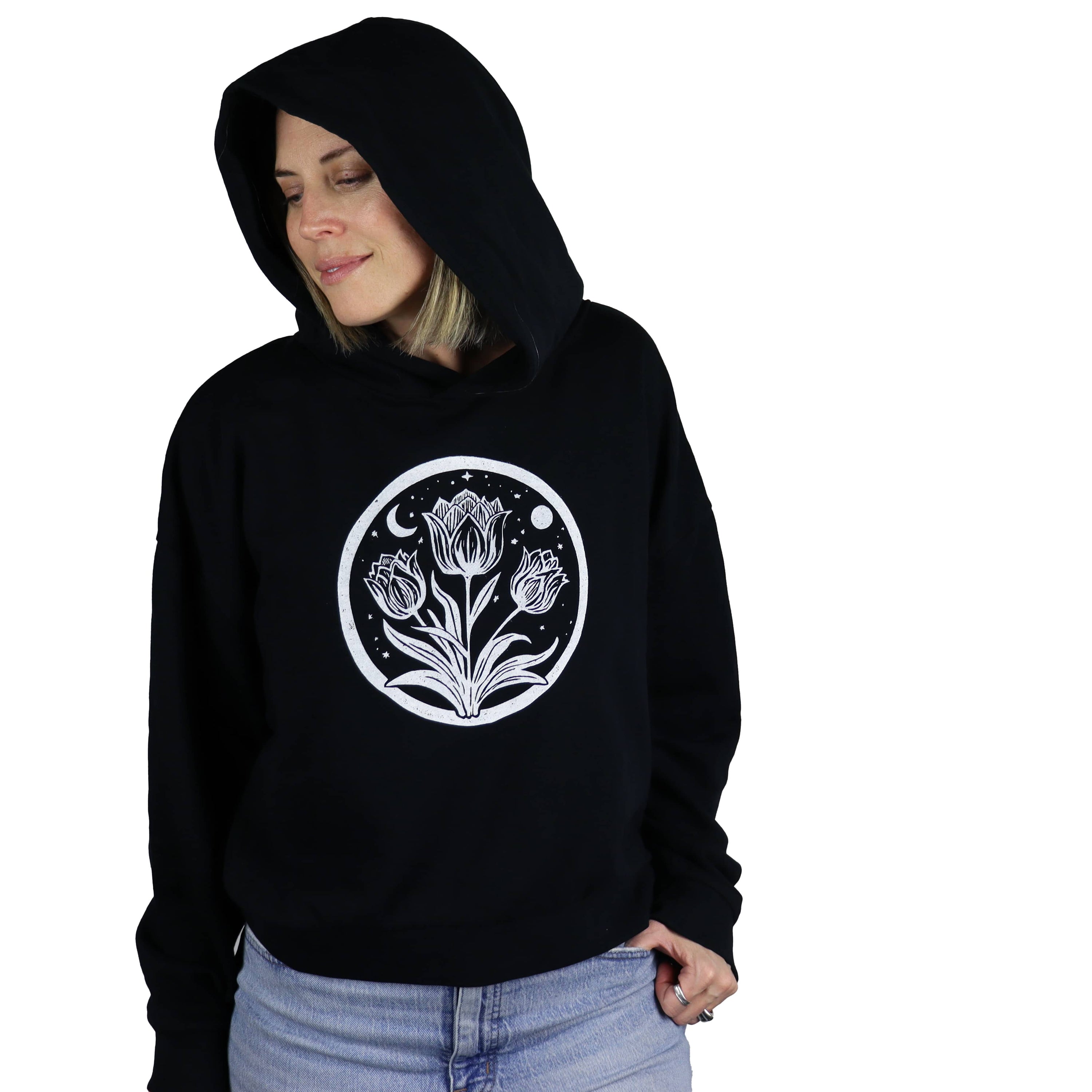 Tulip Moon Feminine Fit Cropped Hoodie in Black