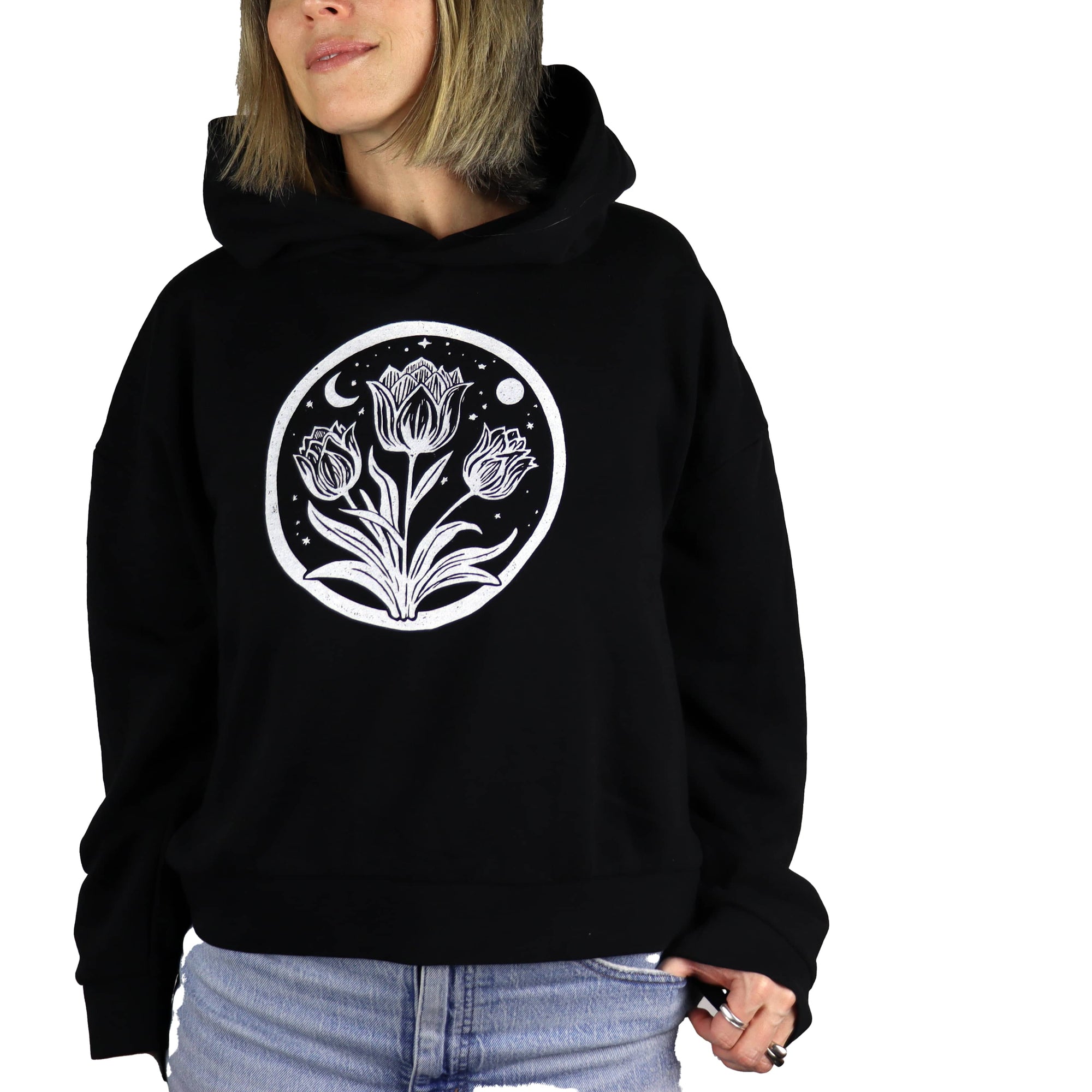 Tulip Moon Feminine Fit Cropped Hoodie in Black