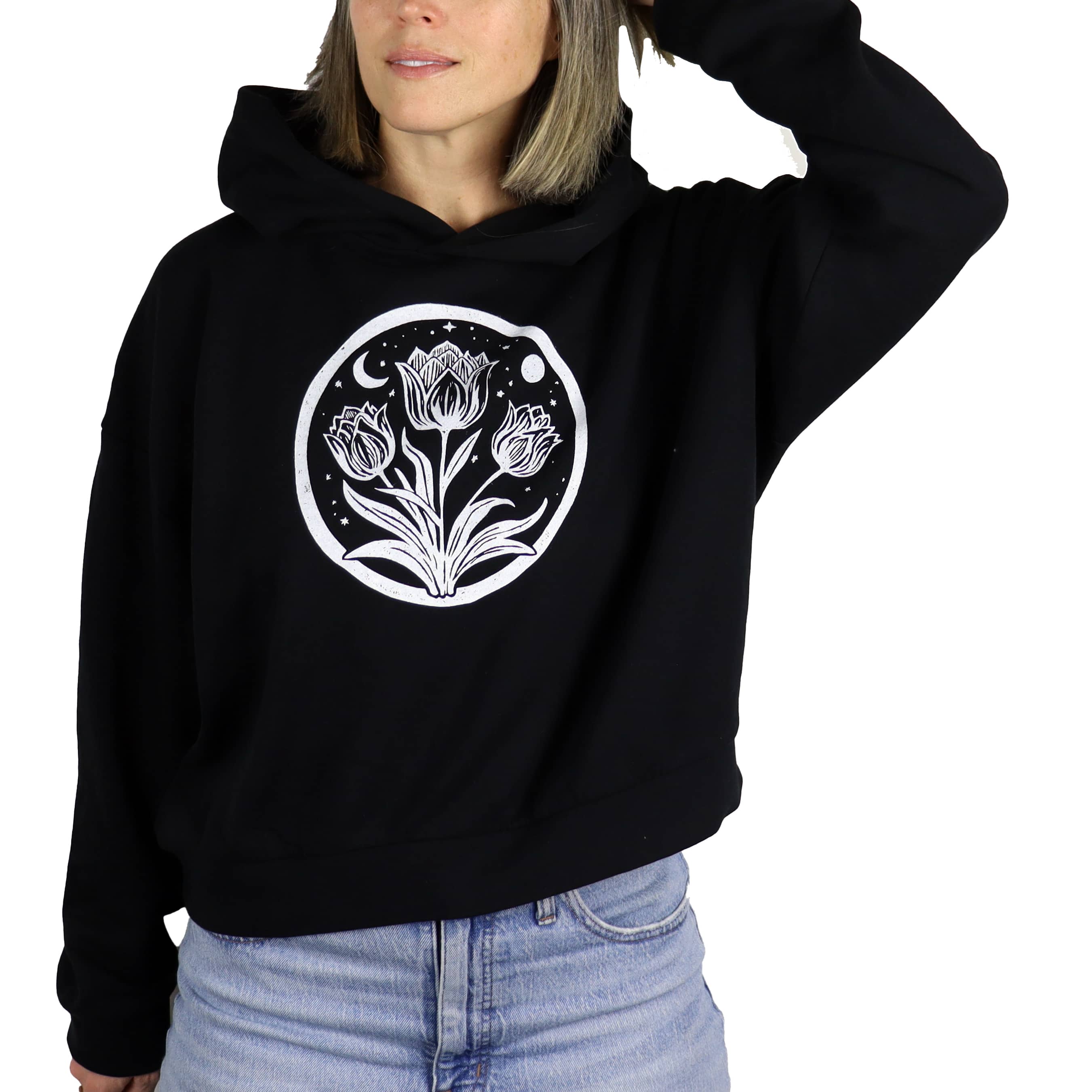 Tulip Moon Feminine Fit Cropped Hoodie in Black