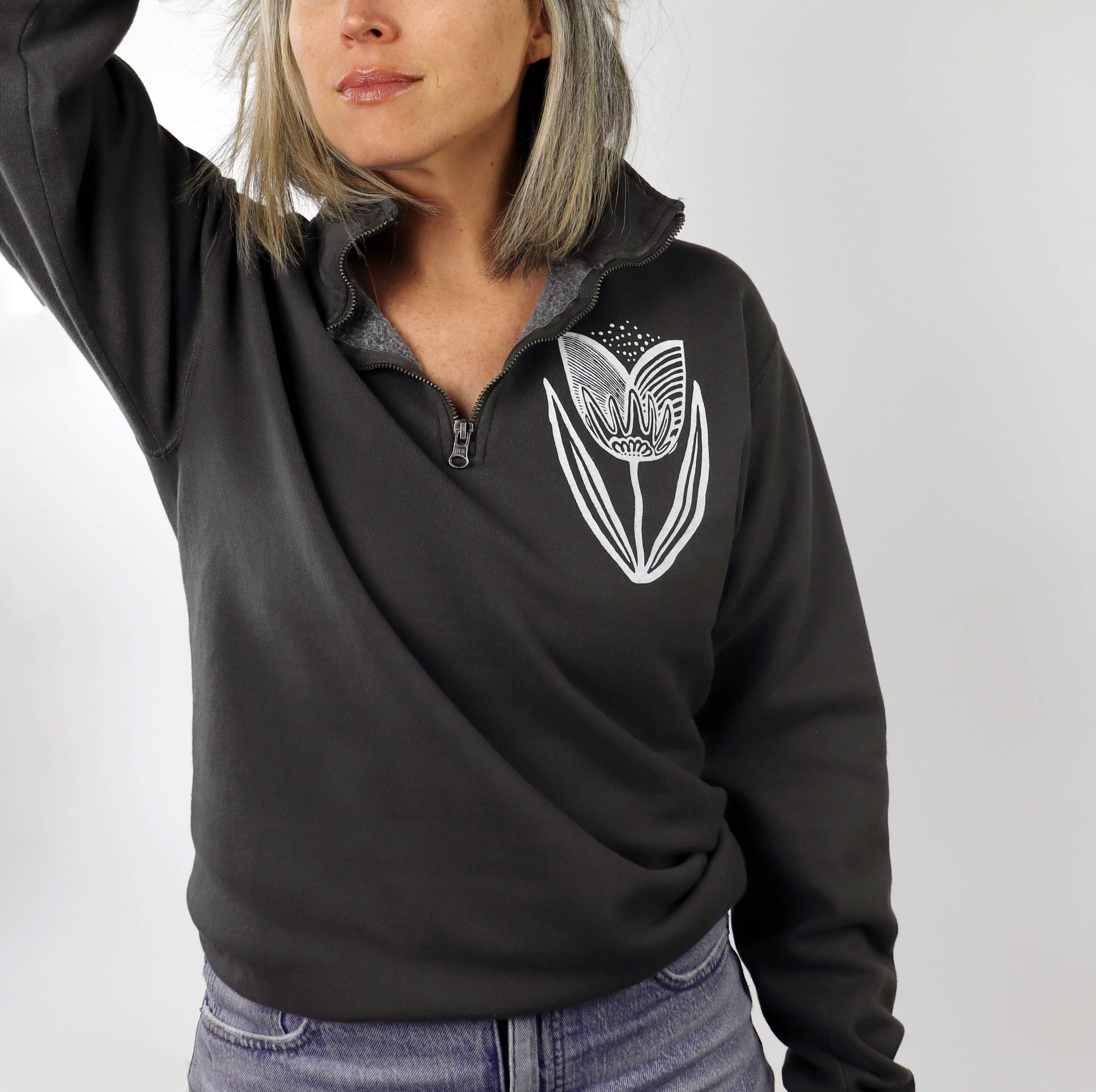 Folksy Tulip Unisex Full Fit Quarter Zip in Washed Charcoal