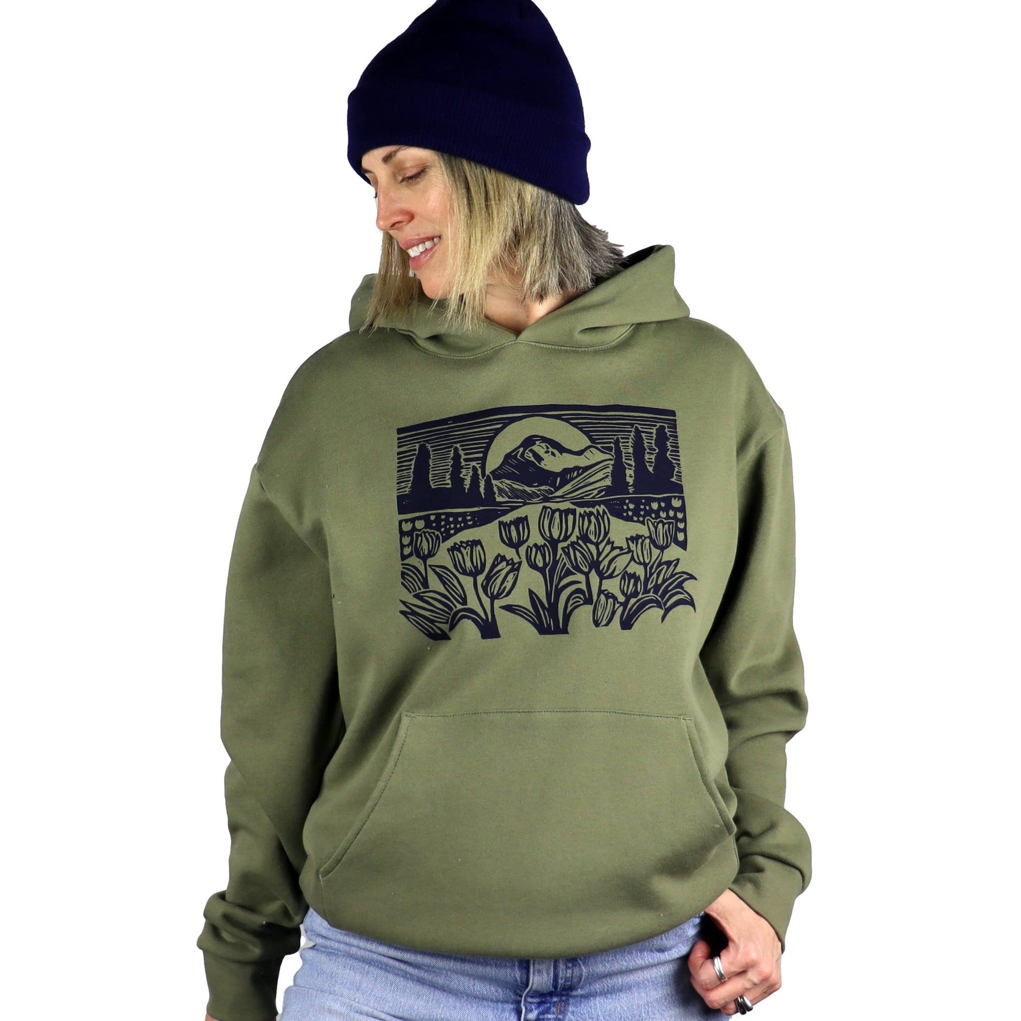 Mountain View Unisex Midweight Hoodie in Olive Green