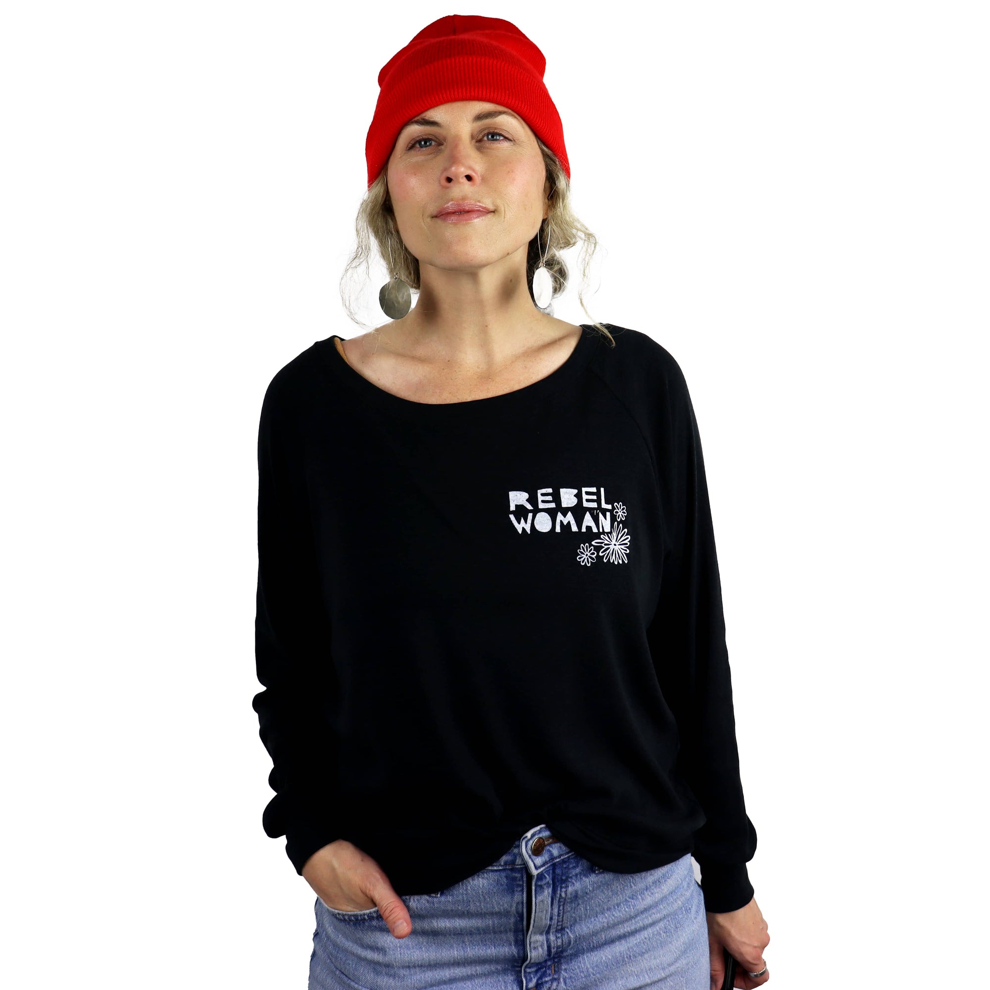 Rebel Woman + Daisies Feminine Fit Lightweight Raglan Pullover in Solid Black