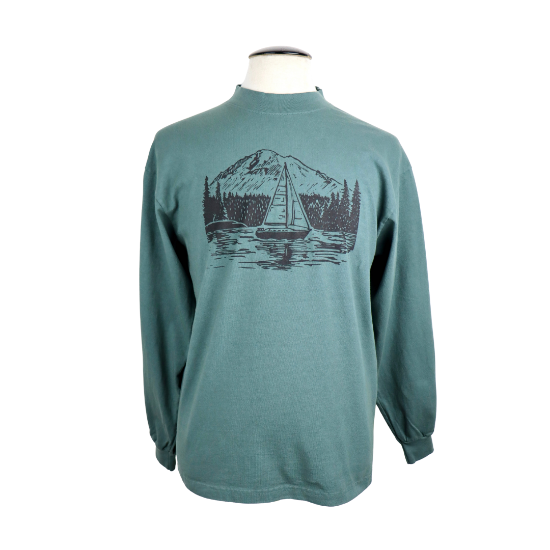 PNW Sailboat Unisex Mockneck Long Sleeve Tee in Spruce