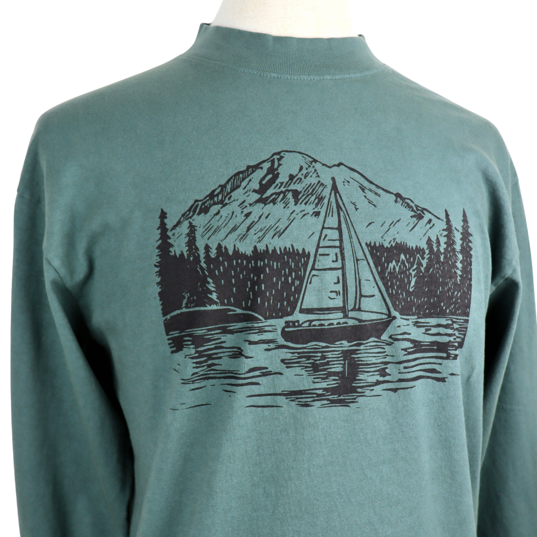 PNW Sailboat Unisex Mockneck Long Sleeve Tee in Spruce