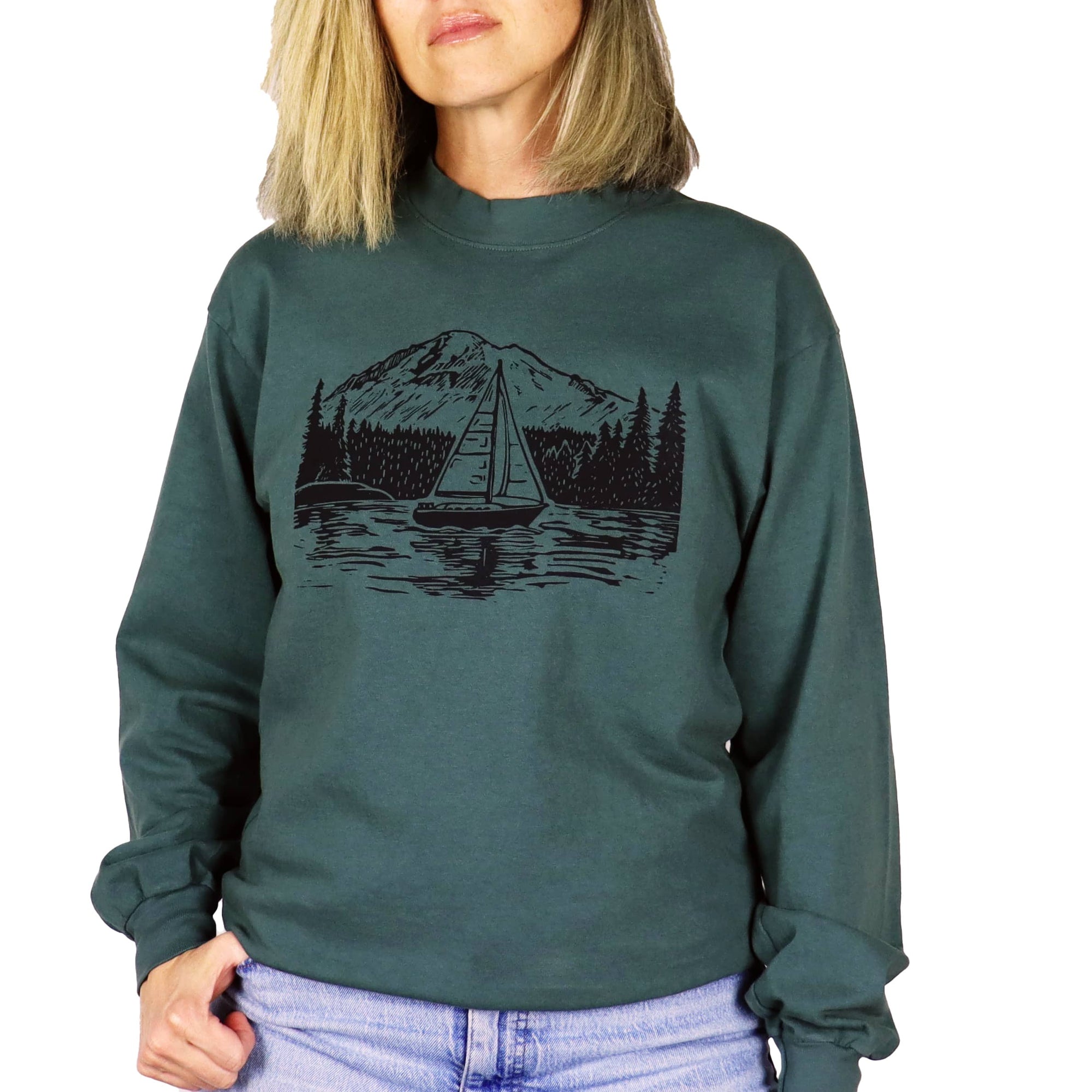 PNW Sailboat Unisex Mockneck Long Sleeve Tee in Spruce