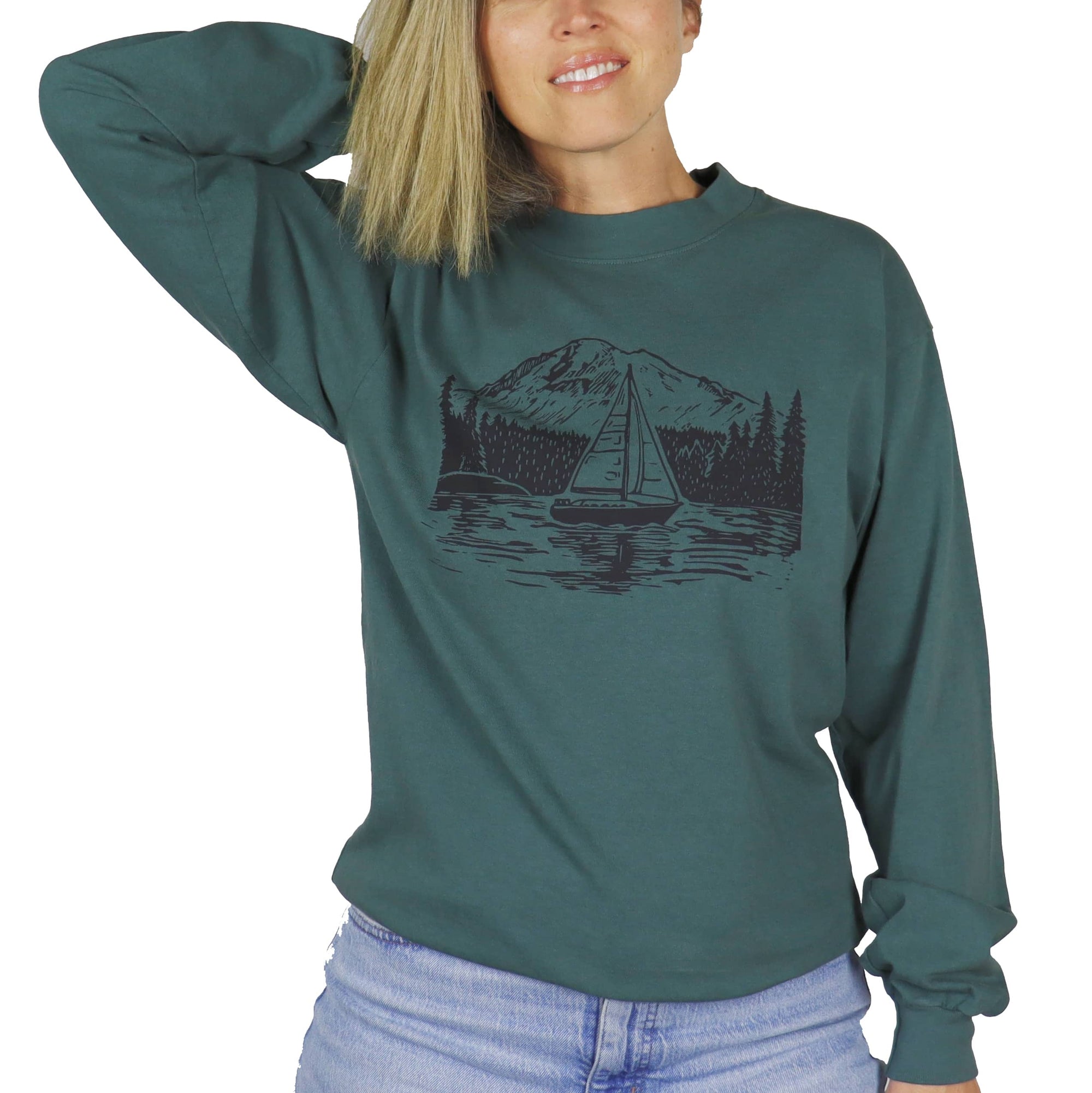 PNW Sailboat Unisex Mockneck Long Sleeve Tee in Spruce