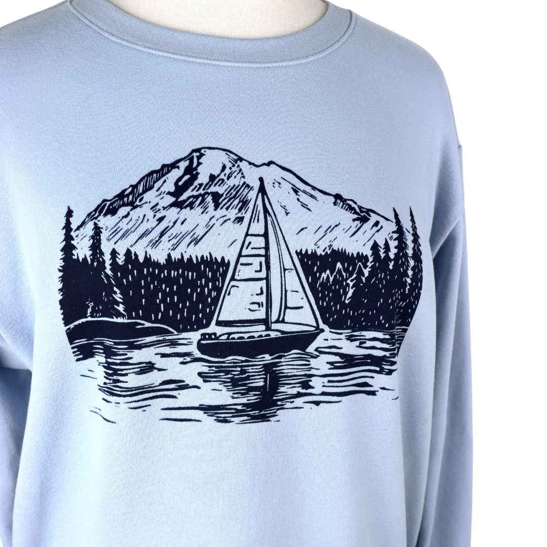 PNW Sailboat Feminine Fit French Terry Crewneck Sweatshirt in Stonewash Blue