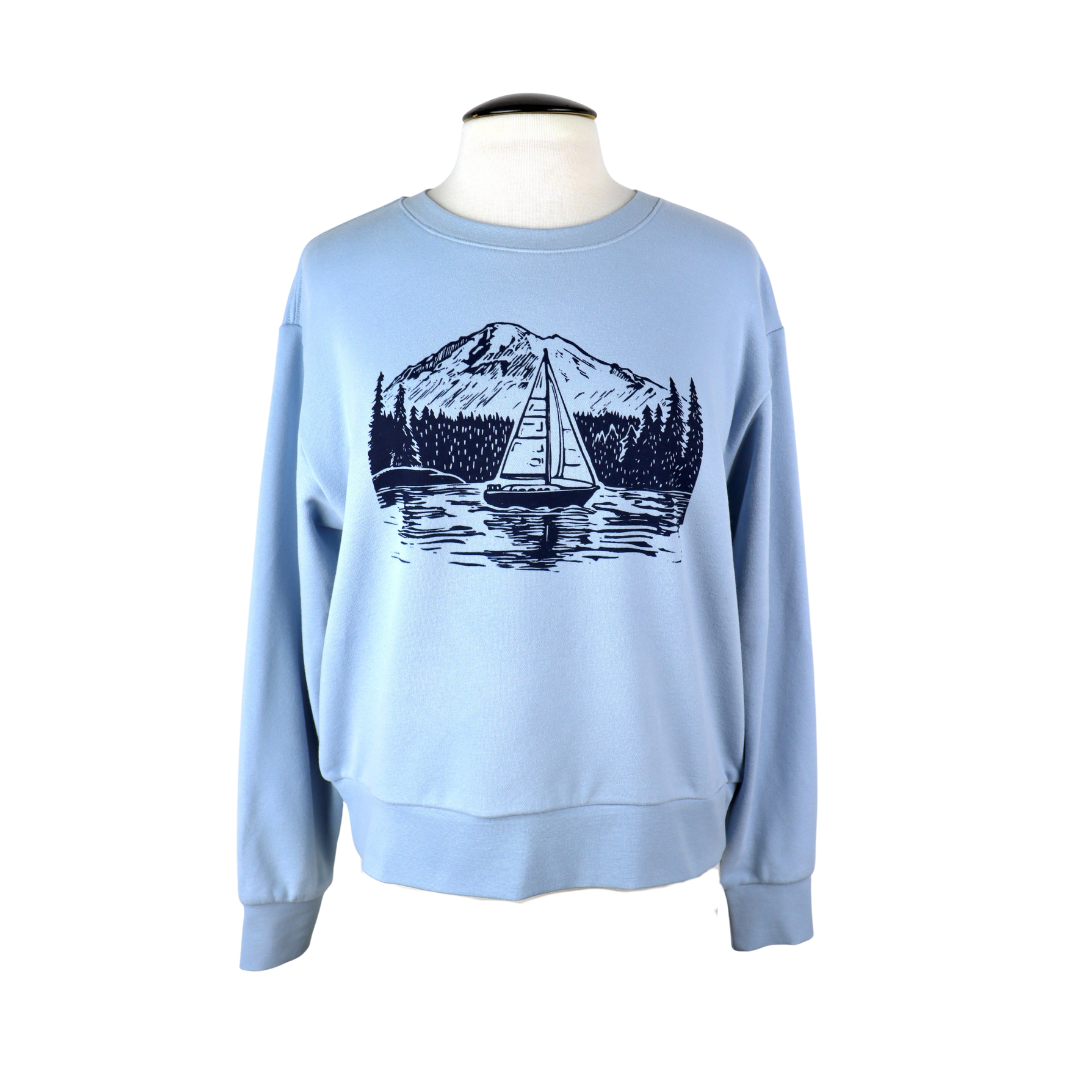 PNW Sailboat Feminine Fit French Terry Crewneck Sweatshirt in Stonewash Blue