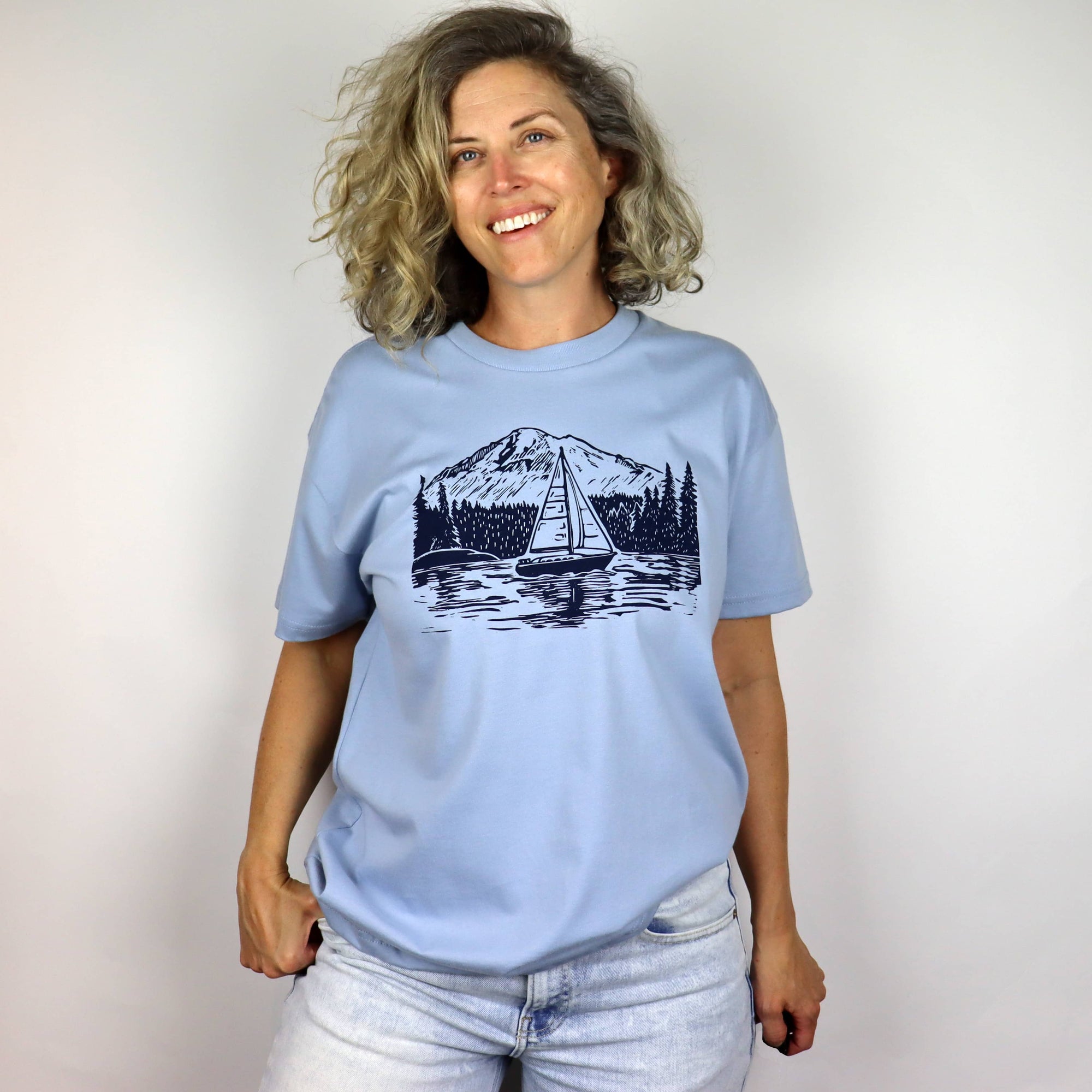PNW Sailboat Unisex Cotton Tee in Sky Blue