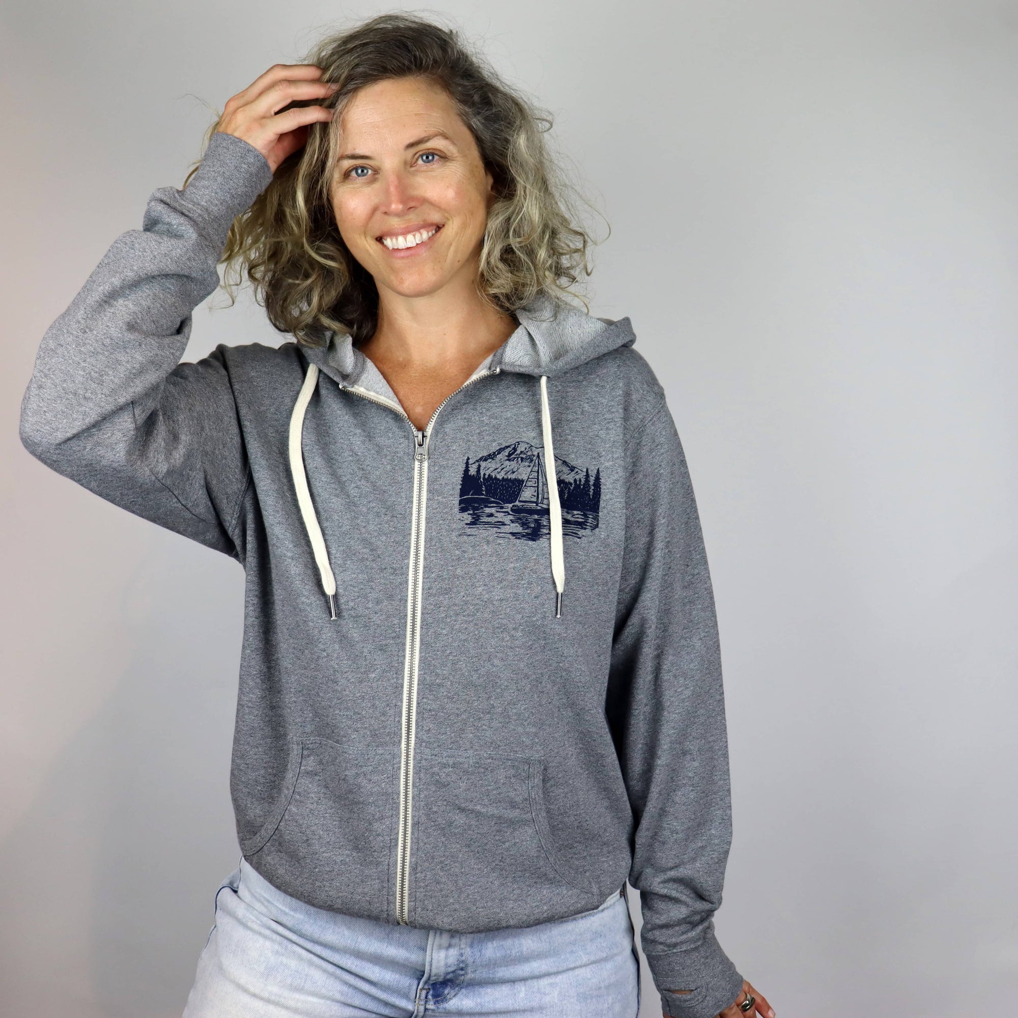 PNW Sailboat Unisex Terry Zip Hoodie in Heathered Grey