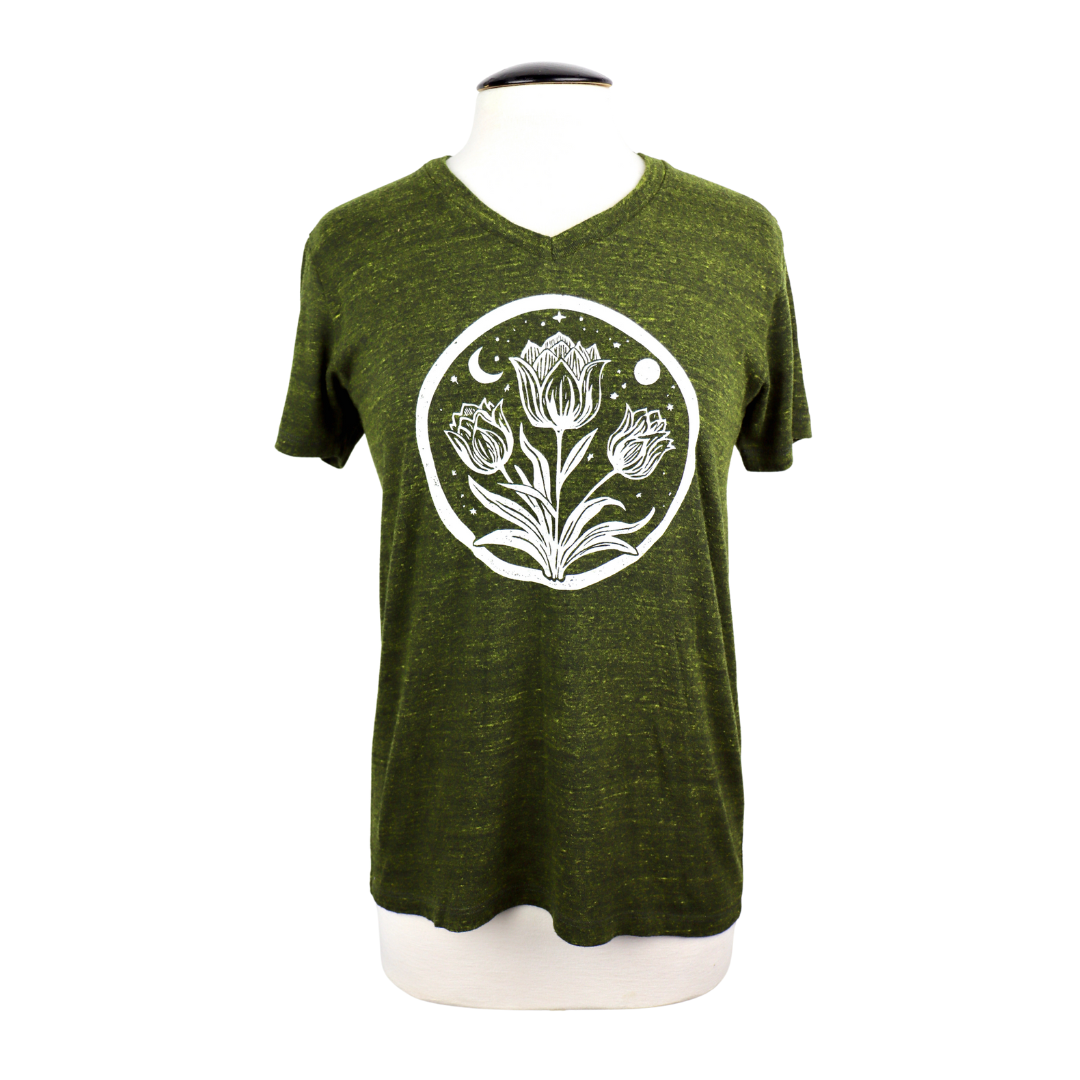 Tulip Moon Unisex V-Neck Triblend Tee in Heathered Forest