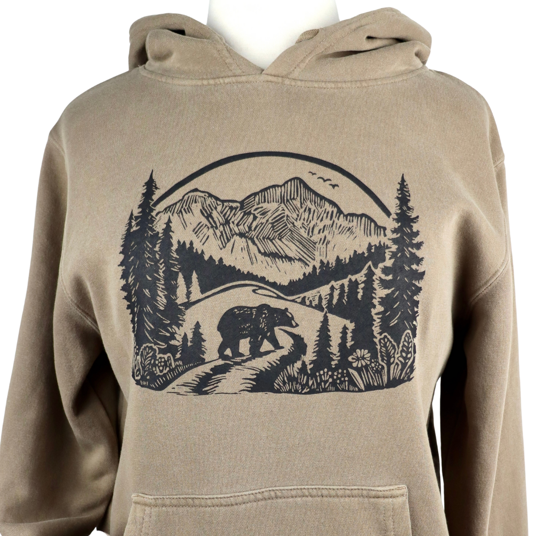 Wilderness Bear Unisex Vintage-Style Hoodie in Washed Brown