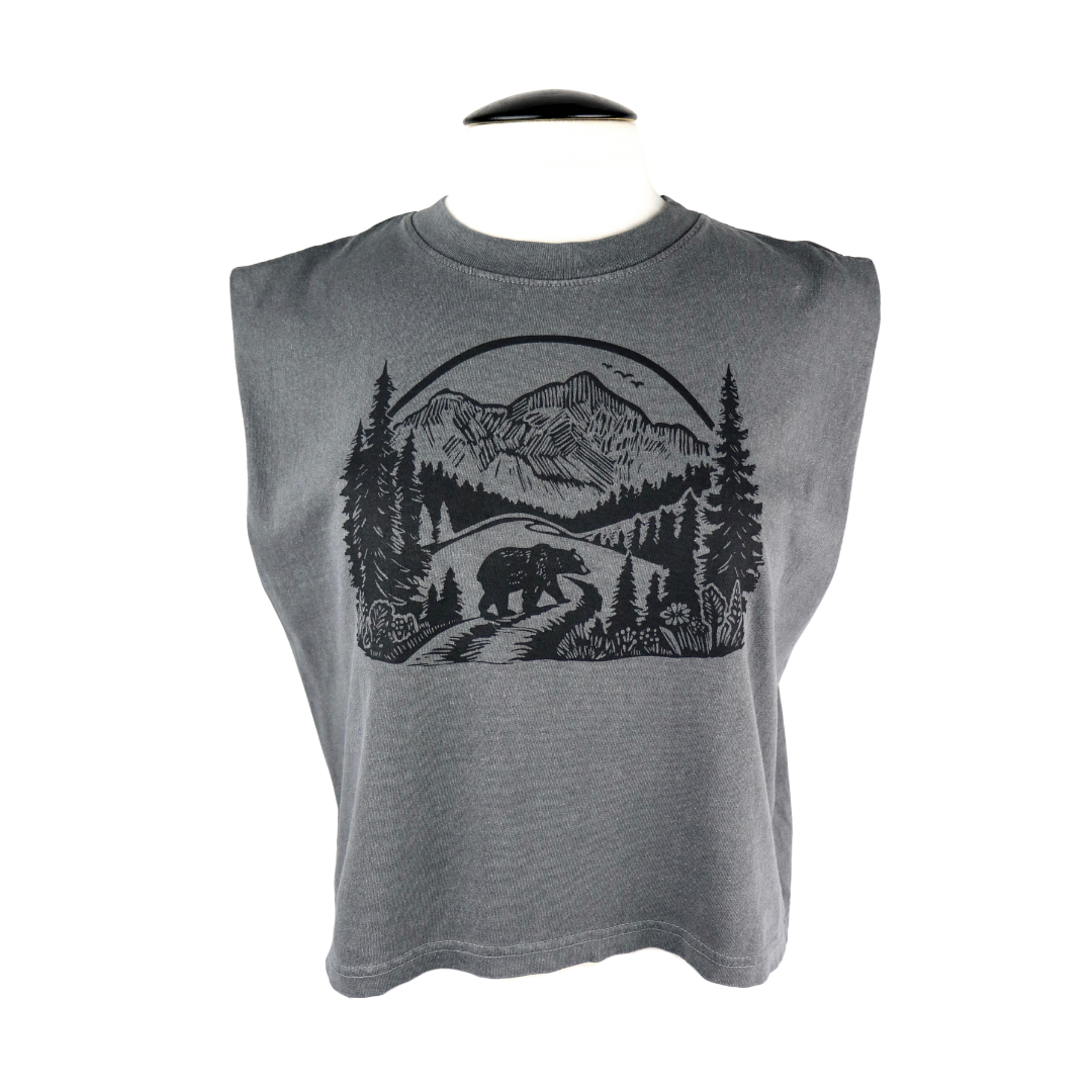 Wilderness Bear Feminine Fit Cropped Muscle Tank in Washed Grey