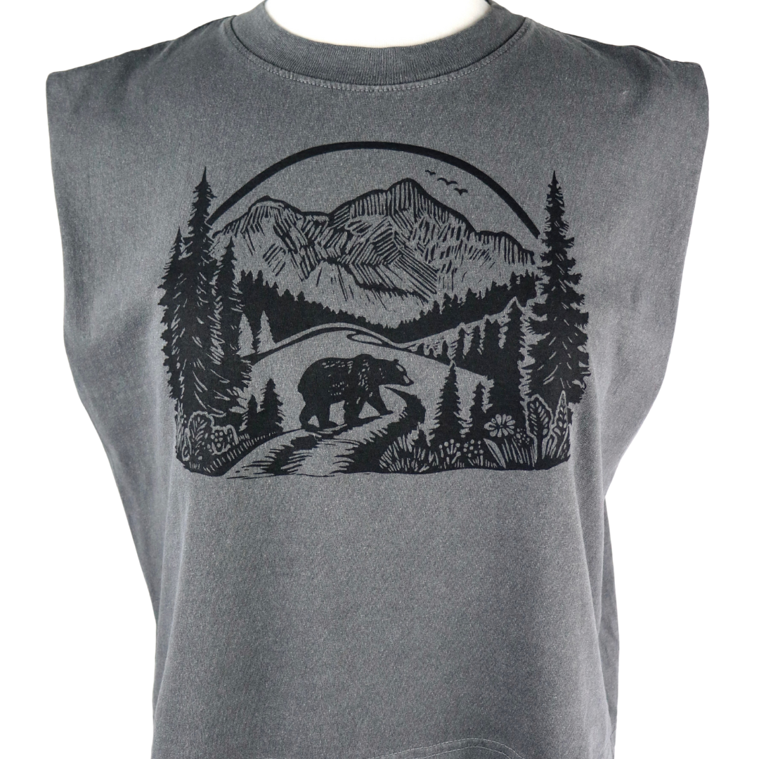 Wilderness Bear Feminine Fit Cropped Muscle Tank in Washed Grey