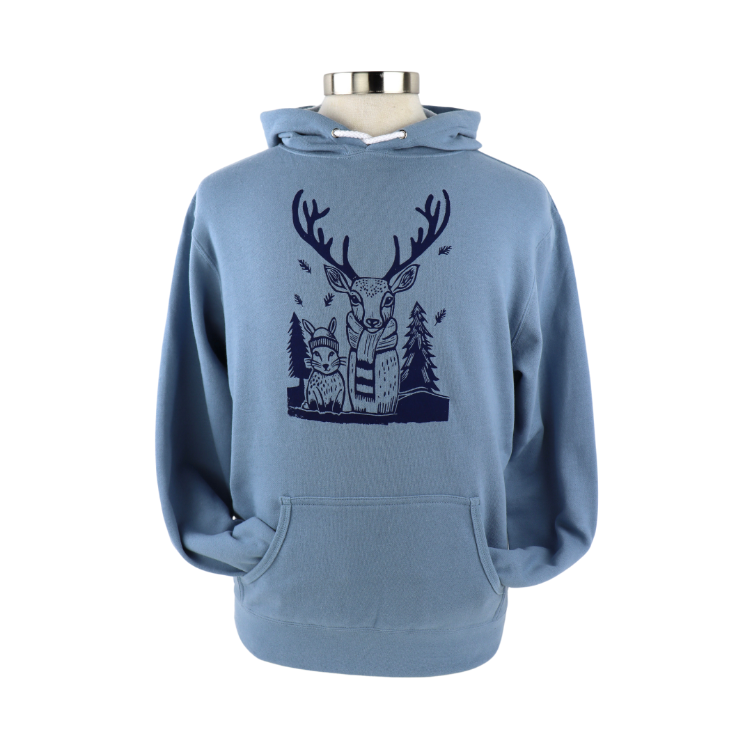 Small Biz Saturday Special Woodland Animals Unisex Pullover Hoodie in Sky Blue