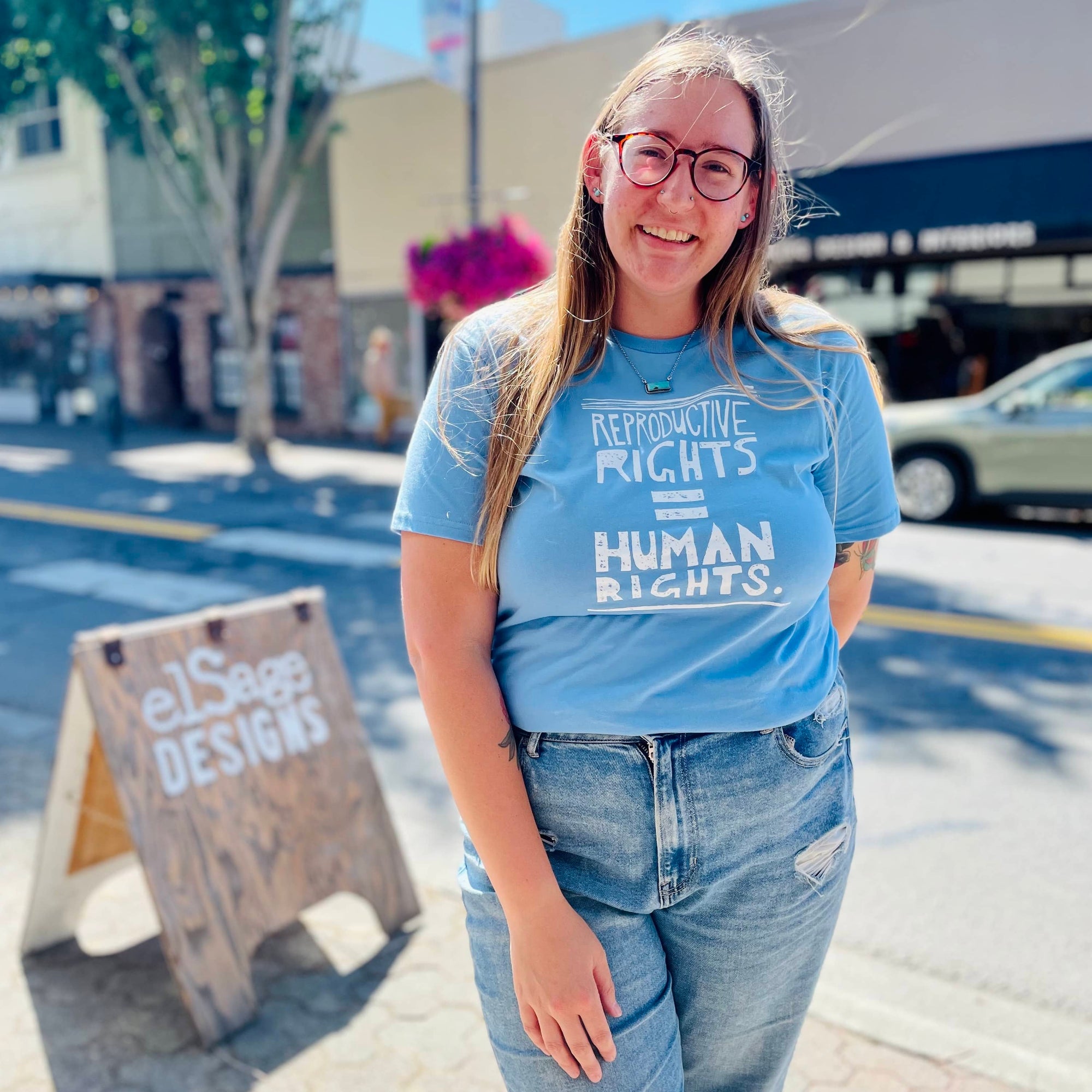 Reproductive Rights = Human Rights Unisex 100% Cotton Tee in Sky Blue